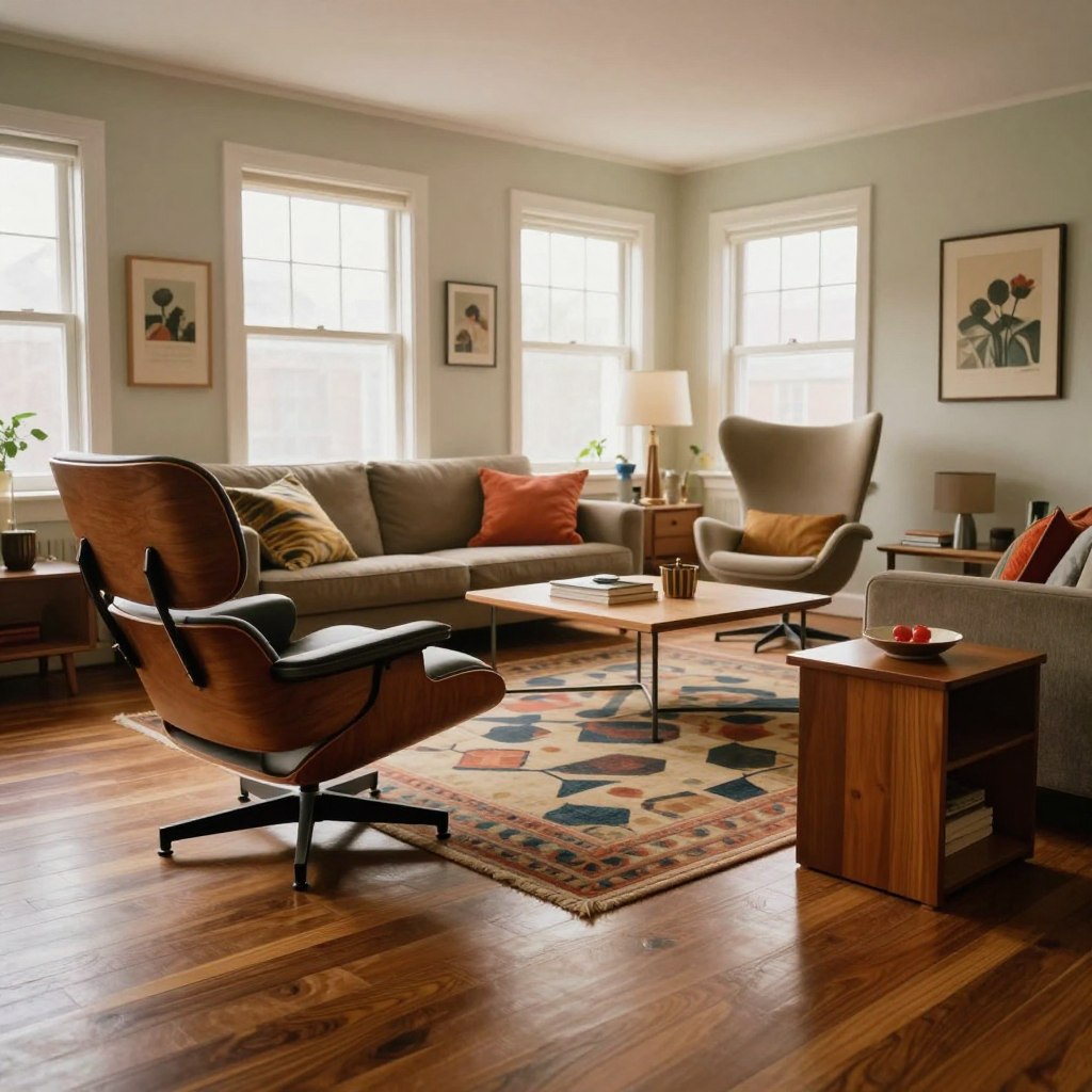 A cozy mid-century modern living room featuring iconic furniture pieces such as a sleek Eames lounge chair, a minimalist egg chair, and a stylish teak side table. The foreground showcases the rich textures of the wood flooring and a plush area rug with geometric patterns. The middle ground reveals a minimalist coffee table surrounded by bold, colorful accents like throw pillows. In the background, large windows let in soft, natural light, enhancing the warm ambiance of the room. The walls are adorned with vintage artwork and a soft color palette of muted earth tones, creating a nostalgic and inviting atmosphere. Shot with a wide-angle lens to capture the entirety of the space, highlighting the harmony and timeless design of the furniture.