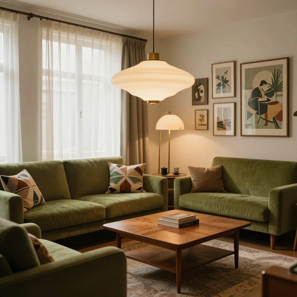 A cozy mid-century modern living room, showcasing statement lighting fixtures as the focal point. In the foreground, a sleek, retro-style sofa in a rich avocado green, adorned with geometric patterned throw pillows. The middle area features a unique pendant light with a sculptural design, casting soft shadows and highlighting the warm wood tones of a vintage coffee table. An eye-catching floor lamp with a brass finish complements the scene. In the background, large windows with sheer curtains let in natural light, revealing a tasteful gallery wall adorned with vintage art. The atmosphere is inviting and stylish, with a warm color palette of earthy tones and soft lighting creating a nostalgic yet modern feel. Capture this scene using a warm, diffused light to enhance the retro ambiance, shot from a slightly elevated angle for optimal perspective.