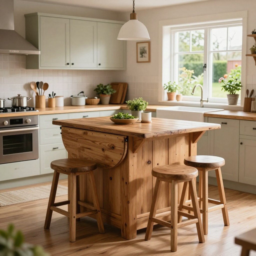 A cozy mini farmhouse island designed for a compact kitchen, featuring a charming drop-leaf design that extends to create more workspace. In the foreground, the island is adorned with rustic wooden finishes, complemented by comfortable bar stools for seating. The middle ground includes a well-lit kitchen filled with light-colored cabinetry and subtle farmhouse decor, such as vintage-inspired utensils and potted herbs, creating a warm atmosphere. In the background, a sunlit window reveals a picturesque view of a garden, adding to the inviting ambiance. Use soft, natural lighting to enhance the homely feel, captured from a slightly elevated angle to showcase the island's functionality and aesthetic. Overall, the scene evokes a sense of warmth, practicality, and stylish efficiency. A cozy mini farmhouse island designed for a compact kitchen, featuring a charming drop-leaf design that extends to create more workspace. In the foreground, the island is adorned with rustic wooden finishes, complemented by comfortable bar stools for seating. The middle ground includes a well-lit kitchen filled with light-colored cabinetry and subtle farmhouse decor, such as vintage-inspired utensils and potted herbs, creating a warm atmosphere. In the background, a sunlit window reveals a picturesque view of a garden, adding to the inviting ambiance. Use soft, natural lighting to enhance the homely feel, captured from a slightly elevated angle to showcase the island's functionality and aesthetic. Overall, the scene evokes a sense of warmth, practicality, and stylish efficiency.