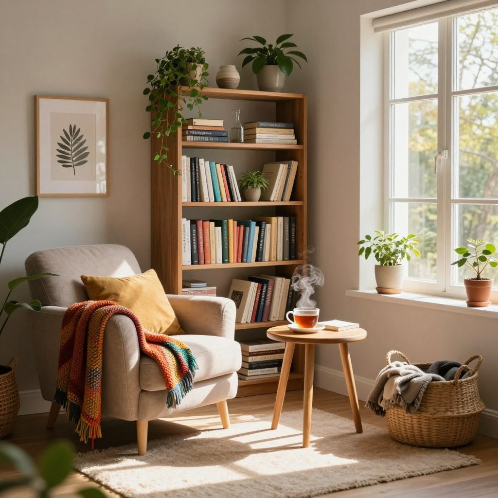 A cozy mini home library corner occupies a sunlit nook in a modern living room. In the foreground, a plush armchair with soft, inviting cushions faces a small, wooden side table holding a steaming cup of tea. A colorful knitted throw drapes over the armchair, enhancing the warmth. In the middle, a compact bookshelf filled with an array of books, plants, and decorative accents adds character, while a woven basket on the floor holds extra blankets. In the background, large windows let in soft, golden sunlight, casting gentle shadows. The atmosphere is tranquil and inviting, perfect for reading, with a focus on comfort and relaxation arranged in a stylish yet functional design. Use a wide-angle lens to capture the depth of the space, emphasizing a harmonious blend of furniture and natural light.