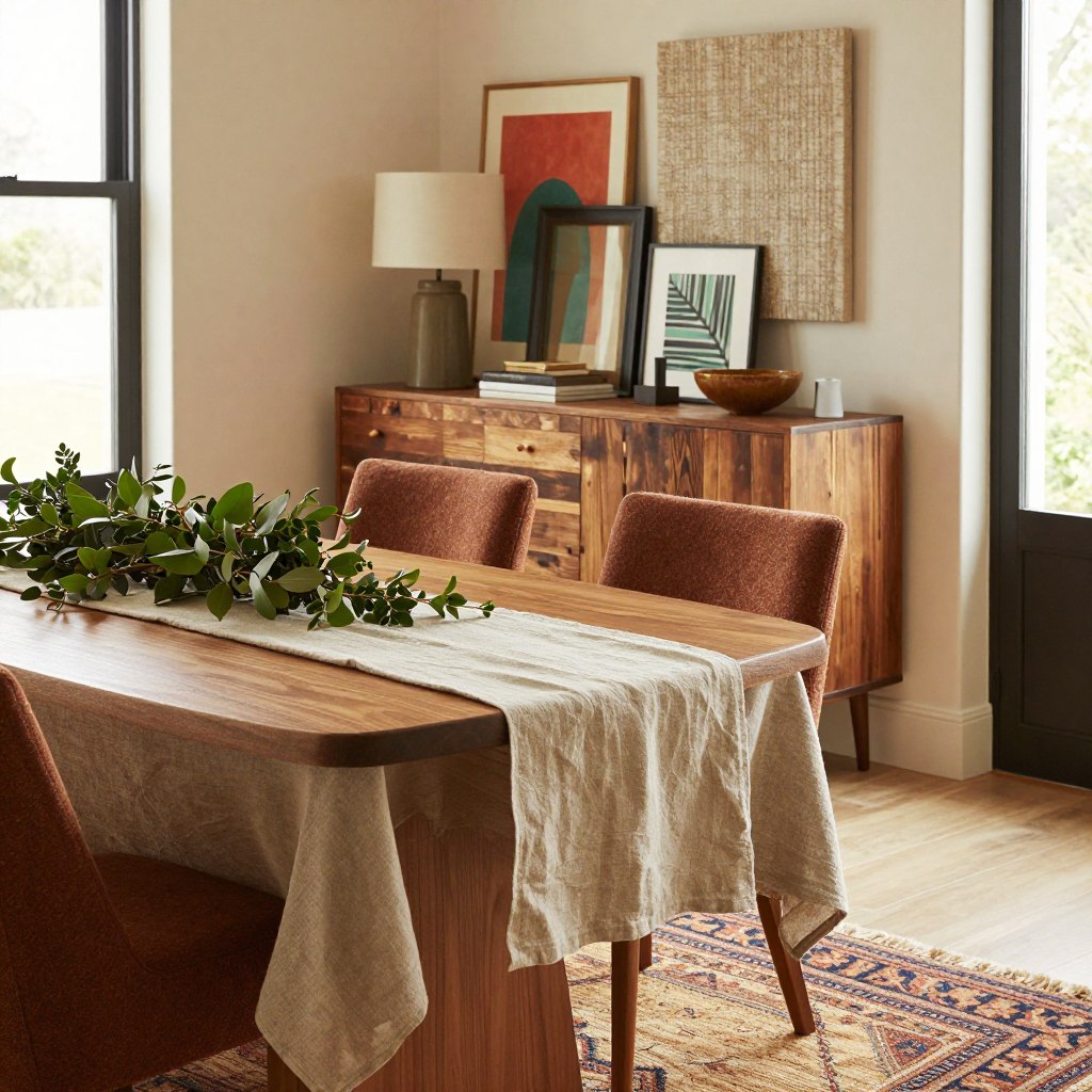 A cozy modern dining room showcasing textural layering for depth and comfort. In the foreground, a polished wooden table adorned with a thick, soft linen tablecloth and an elegant centerpiece of fresh greenery. The middle layer features plush, upholstered chairs in rich, earthy tones. Elements like a handwoven rug with intricate patterns and a decorative ceramic bowl add warmth. The background includes a stylish sideboard made of reclaimed wood, with colorful art pieces and textured wall decor. Soft, diffused natural light streams in from large windows, creating an inviting atmosphere. The mood is warm and welcoming, designed for family gatherings and intimate dinners, with a focus on comfort and sophistication.