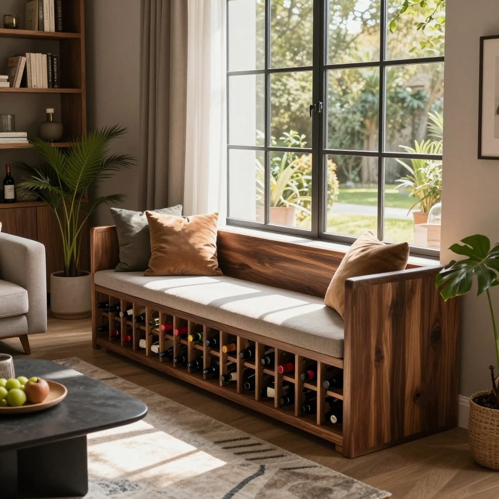 A cozy, modern living room featuring a unique window seat wine storage bench made of rich, dark wood. The bench is elegantly designed with vertical wine racks on the sides, showcasing an assortment of colorful wine bottles. Sunlight filters through the large window, casting warm, inviting rays onto the bench, creating a soft glow. The surrounding decor includes plush cushions on the seat, a stylish area rug beneath it, and potted plants adding a touch of greenery. In the background, tastefully arranged bookshelves and a contemporary coffee table enhance the overall aesthetic. The atmosphere is tranquil and sophisticated, evoking a perfect space for relaxation and enjoyment. The image captures the scene from a slightly elevated angle, showcasing the bench as a central feature in the inviting living room.