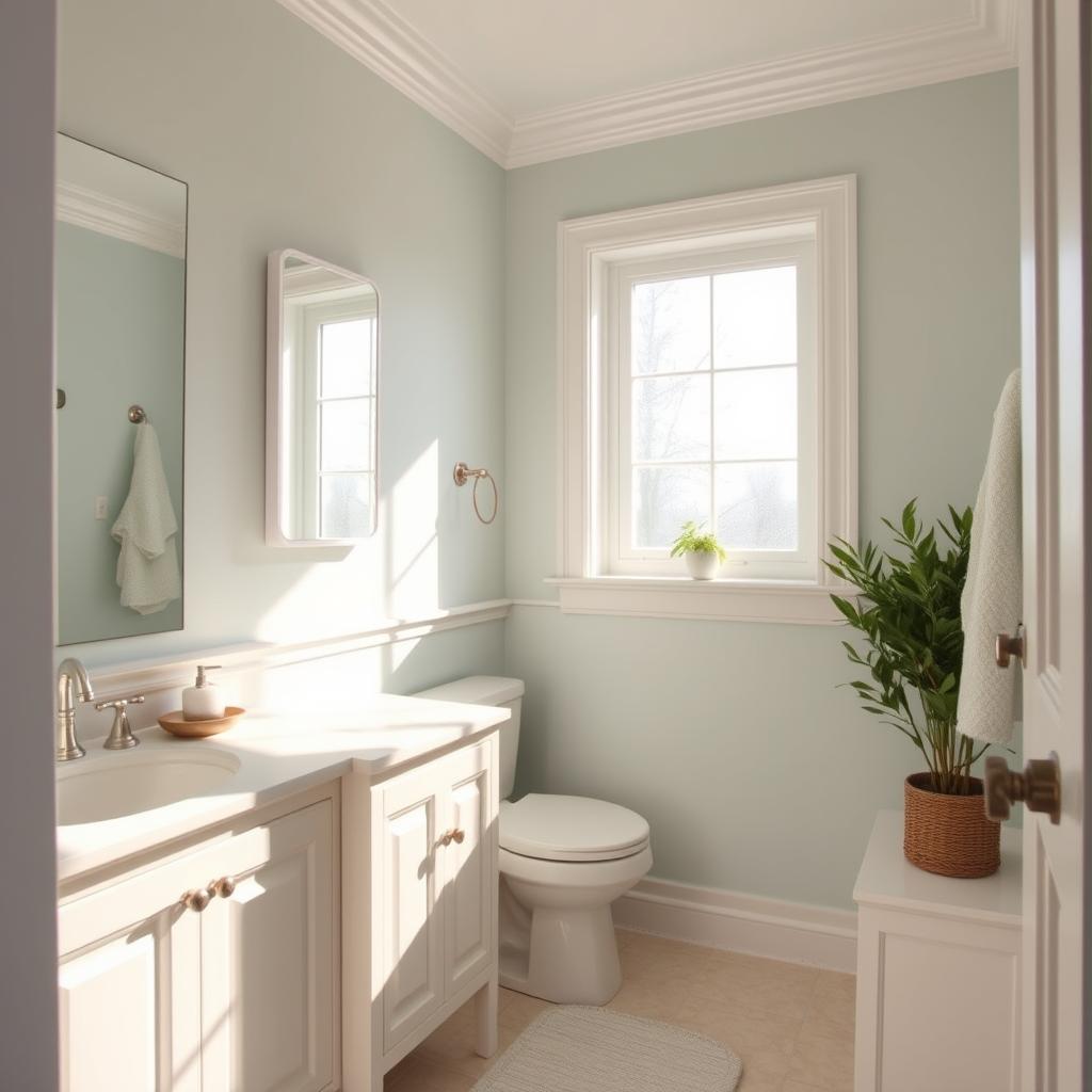 A cozy, modern small bathroom featuring a well-lit ambiance that emphasizes the spaciousness created by light colors. The foreground reveals a soft, textured vanity with fresh white paint and elegant fixtures. The middle showcases walls painted in pale pastels like soft sky blue and gentle mint green, with accents of bright white trim that enhance the feeling of openness. A large mirror reflects the light, subtly illuminating the space. In the background, natural light streams in through a frosted window, casting gentle shadows and highlighting the soothing colors. The atmosphere is serene and inviting, making the best use of a small area to evoke a sense of tranquility and expansiveness. The image captures the essence of clever design in compact spaces, showcasing paint colors that create an illusion of a larger bathroom. A cozy, modern small bathroom featuring a well-lit ambiance that emphasizes the spaciousness created by light colors. The foreground reveals a soft, textured vanity with fresh white paint and elegant fixtures. The middle showcases walls painted in pale pastels like soft sky blue and gentle mint green, with accents of bright white trim that enhance the feeling of openness. A large mirror reflects the light, subtly illuminating the space. In the background, natural light streams in through a frosted window, casting gentle shadows and highlighting the soothing colors. The atmosphere is serene and inviting, making the best use of a small area to evoke a sense of tranquility and expansiveness. The image captures the essence of clever design in compact spaces, showcasing paint colors that create an illusion of a larger bathroom.