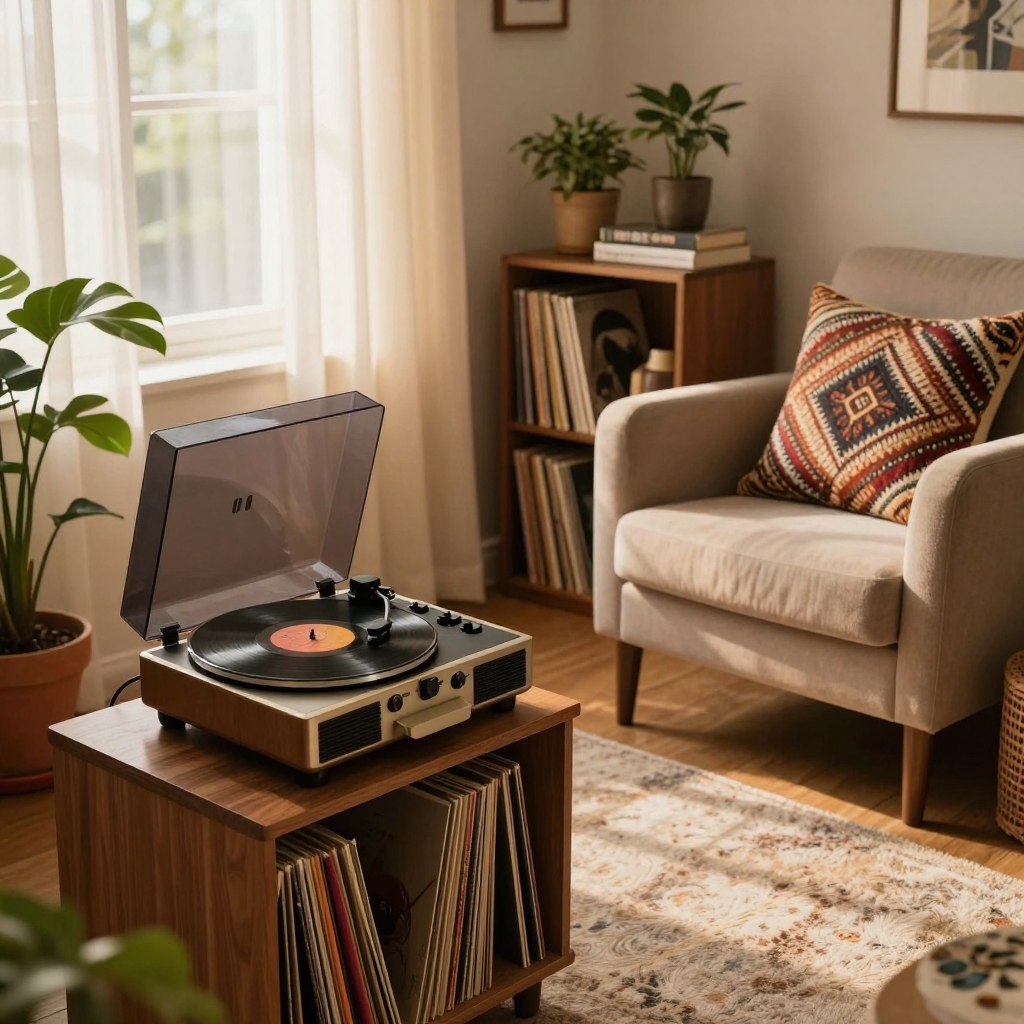 A cozy music listening corner in a warm, inviting living room. In the foreground, a sleek, vintage record player sits atop a wooden side table, surrounded by an array of colorful vinyl records arranged artfully. A plush, patterned throw pillow rests on a comfortable armchair, inviting relaxation. In the middle ground, a soft area rug adds texture, while a small bookshelf filled with more records and music books is nearby. The background features a softly lit window with sheer curtains allowing gentle sunlight to filter in, creating a warm glow. A few green plants in decorative pots add freshness to the space. The overall atmosphere is serene and nostalgic, perfect for enjoying music in a tranquil setting.