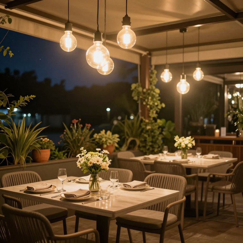 A cozy outdoor dining area illuminated by warm overhead LED patio lights, hanging elegantly in clusters above a beautifully set table. In the foreground, the table is adorned with tasteful dinnerware, a bouquet of fresh flowers, and soft fabric napkins. The middle ground features comfortable, stylish chairs arranged invitingly around the table, with the gentle glow of the lights casting a warm ambiance. In the background, lush greenery and decorative potted plants create a serene atmosphere, while a clear night sky twinkles above. The scene is captured in soft focus, with a slight lens flare enhancing the inviting mood, emphasizing the feeling of warmth and relaxation in a charming terrace setting.