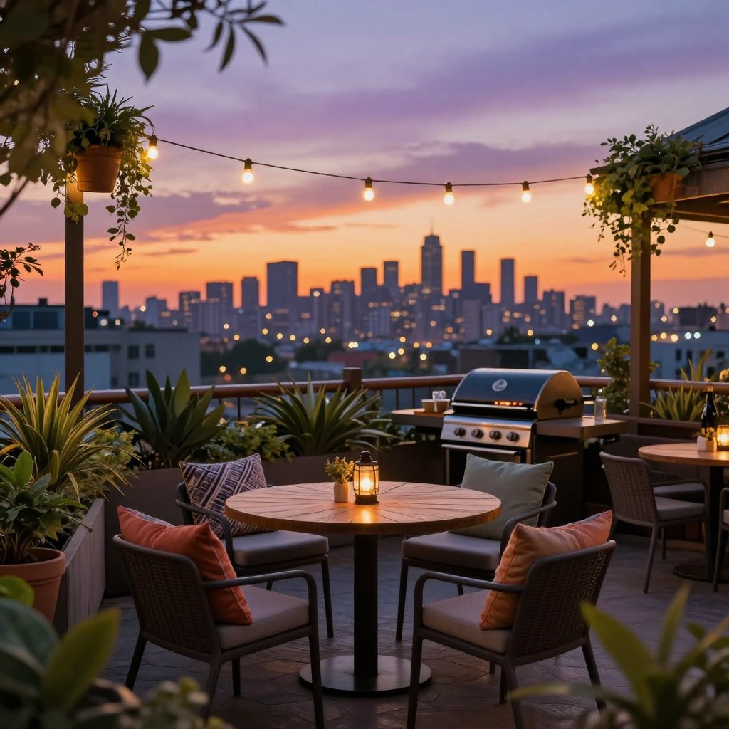 A cozy outdoor terrace designed for entertaining, set in an urban environment with stunning city views. In the foreground, a stylish, small seating area features a round wooden table surrounded by comfortable, muted chairs, adorned with colorful cushions. Potted plants and hanging greenery create a vibrant atmosphere, while string lights gently illuminate the space. In the middle ground, a small barbecue grill showcases an inviting setup for cooking. The background reveals a panoramic city skyline at sunset, casting warm orange and purple hues across the sky. The image captures a serene yet lively mood, perfect for social gatherings, with a shallow depth of field to emphasize the terrace's inviting details. The overall scene is calm, yet brimming with potential for lively interactions.