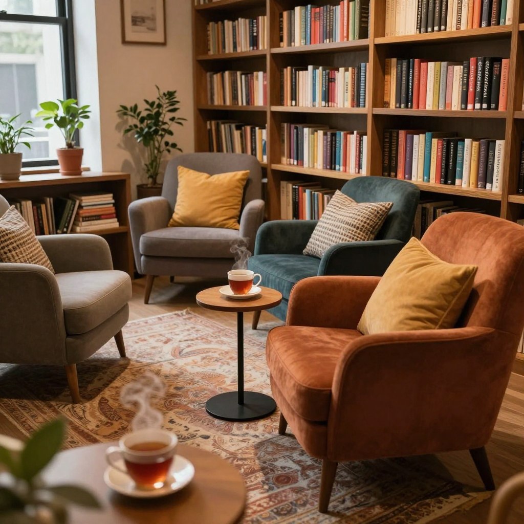 A cozy reading nook featuring a collection of stylish armchairs artfully arranged on a library ledge, surrounded by towering bookshelves filled with colorful novels. In the foreground, a plush, inviting armchair with soft pillows in rich, warm tones sits prominently, alongside a small side table holding a steaming cup of tea. The middle ground showcases a beautifully textured rug beneath the chairs, creating a comfortable ambiance. In the background, the library shelves stretch up, filled with books and a few decorative plants, hinting at a serene atmosphere. Soft, warm lighting filters through a nearby window, casting gentle shadows and enhancing the inviting vibe of the space. A close-up angle captures the intimate mood, inviting viewers to imagine settling in with a good book.
