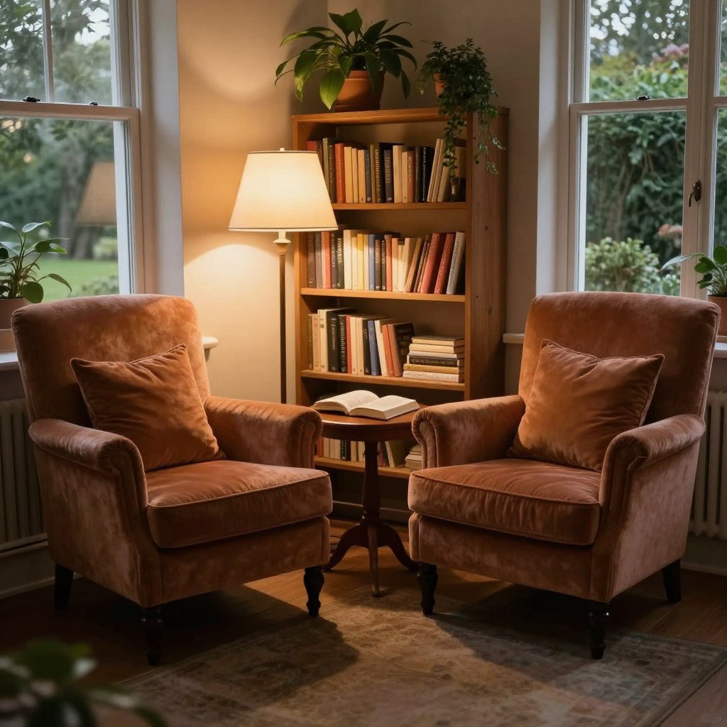 A cozy reading nook featuring a flanking pair of elegant armchairs arranged symmetrically around a small wooden side table. The armchairs are upholstered in warm, rich fabric, with plush cushions that invite relaxation. Soft, ambient lighting casts a gentle glow, illuminating the space. A stylish floor lamp stands nearby, its light creating a tranquil atmosphere. The background showcases a bookshelf filled with an array of books, plants adorning the top shelf, and a window revealing a glimpse of a serene garden. The scene is framed from a slightly elevated angle, emphasizing the inviting symmetry and creating a welcoming space perfect for reading. The overall mood is calm and inviting, encouraging quiet moments spent with a good book.