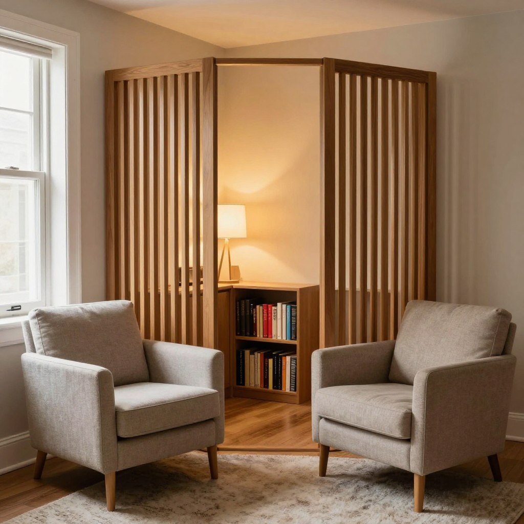 A cozy reading nook featuring a stylish room divider that separates the space, providing a defined quiet zone. In the foreground, two contemporary armchairs with soft cushions, positioned at an inviting angle facing each other, create an intimate atmosphere. The middle area showcases a sleek, open wooden room divider adorned with vertical slats that allow light to filter through, reinforcing the sense of separation while maintaining openness. In the background, a warm, well-lit room with soft natural light streaming through a window illuminates a small bookshelf filled with colorful books and a plush rug underfoot. The overall mood is serene and inviting, perfect for relaxation and reading, captured from a slightly elevated angle to provide a comprehensive view of the arrangement.