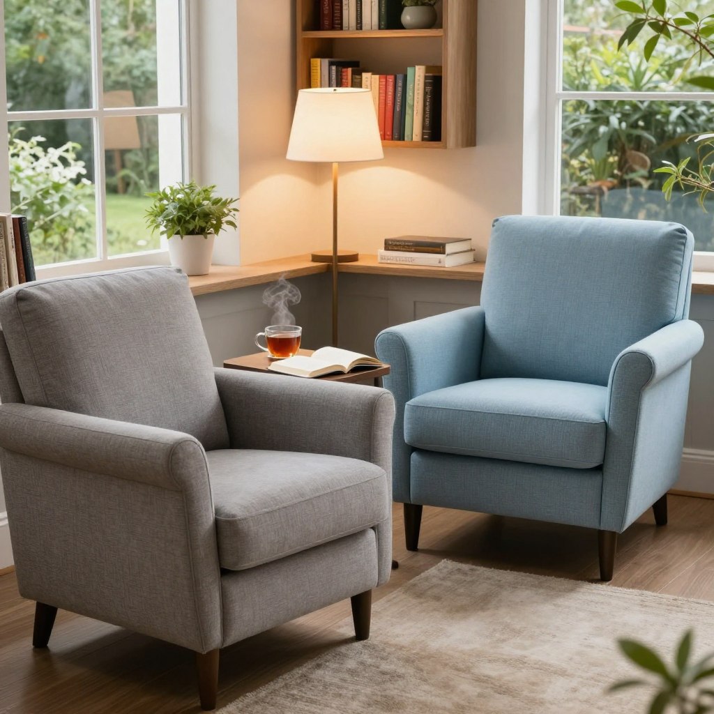 A cozy reading nook featuring a thoughtfully arranged pair of armchairs, positioned at an inviting angle to foster conversation and comfort. In the foreground, one armchair is upholstered in soft, textured fabric in a warm gray tone, while the other is a contrasting light blue with elegant, modern lines. A small wooden side table sits between them, adorned with a steaming cup of tea and an open book. In the middle background, a floor lamp with a soft, ambient light illuminates the space, casting a gentle glow. A bookshelf filled with colorful books and decorative plants frames the nook, while a large window offers a glimpse of a tranquil garden outside. The scene exudes warmth and tranquility, inviting you to lose yourself in a good book.