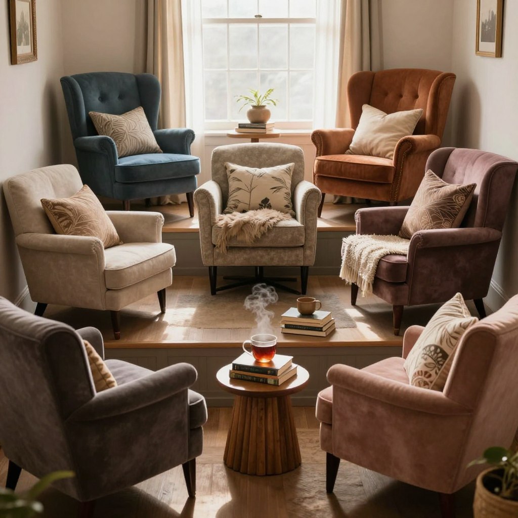 A cozy reading nook featuring eight creatively arranged armchairs, showcasing a variety of styles and colors. In the foreground, a pair of plush, velvet armchairs are set at an angle, complemented by a small wooden side table with a stack of books and a steaming cup of tea. The middle layer includes an eclectic mix of armchair designs, such as a modern swivel chair and a vintage wingback, each surrounded by soft, textured throws and decorative pillows. The background reveals a bright window with sheer curtains, allowing warm, natural sunlight to pour in, enhancing the inviting atmosphere. The scene is softly lit to evoke a feeling of comfort and tranquility, with a shallow depth of field focusing on the armchairs while gently blurring the surrounding details.