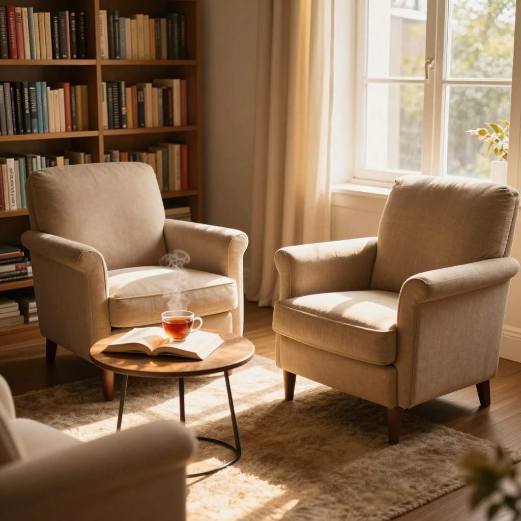 A cozy reading nook featuring two elegant armchairs, placed at a slight angle for conversation and comfort. The armchairs, upholstered in soft, textured fabric, are surrounded by a small, round coffee table with a steaming cup of tea and an open book. Sunlight streams in through a nearby window, casting warm, golden light across the scene. In the background, a tall bookshelf filled with colorful books creates a charming atmosphere. Soft, lush curtains drape beside the window, adding a touch of elegance. The floor is adorned with a plush area rug, creating a warm and inviting space. The mood is serene and tranquil, perfect for relaxation and indulgent reading moments. The perspective is slightly elevated, capturing both the armchairs and the inviting ambiance of the nook.