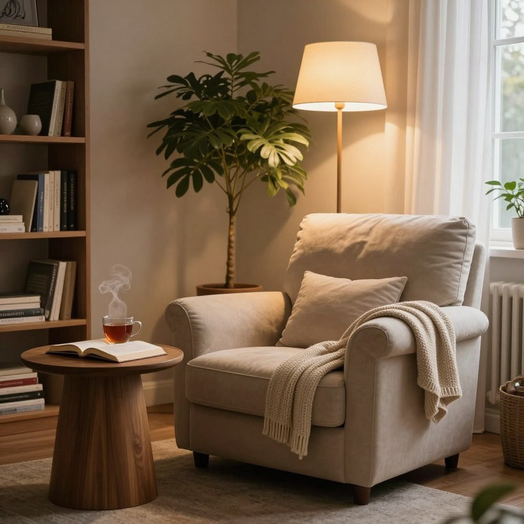 A cozy reading nook nestled in the corner of a warm living room. In the foreground, a plush, oversized armchair in soft fabric, with cushioning and a knitted throw draped over it. Next to it, a sleek wooden side table with a steaming cup of tea and an open book. A tall, elegant floor lamp casts soft, warm light, creating an inviting glow around the armchair. In the middle ground, a large potted plant adds a touch of greenery, while shelves filled with books and decor line the walls. The background features a subtle hint of a large window with sheer curtains allowing natural light to filter in, enhancing the serene atmosphere. The scene conveys a sense of comfort and tranquility, perfect for unwinding with a good read.