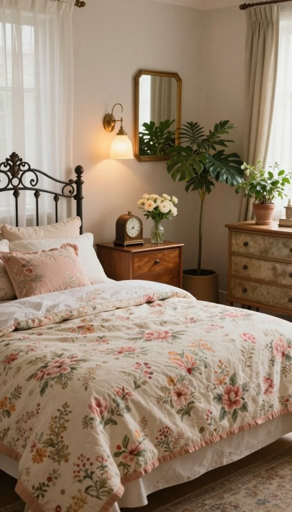 A cozy retro chic bedroom featuring a vintage floral aesthetic, with soft pastel hues dominating the color palette. In the foreground, a beautifully-made queen-sized bed with an ornate wrought-iron headboard, layered with floral-patterned quilts and plush throw pillows. On either side of the bed, uniquely designed vintage lighting fixtures cast a warm glow, enhancing the room’s inviting atmosphere. The middle ground includes a stylish mid-century wooden nightstand adorned with an antique clock and a small vase of fresh flowers. The background reveals a vintage dresser with a mirror, framed by lush indoor plants. Soft natural lighting filters through sheer curtains, creating a serene and romantic ambiance. The image should capture a sense of timeless elegance and comfort, with a focus on intricate details and harmonious color schemes.