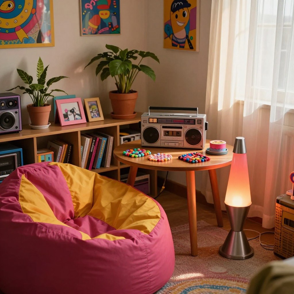 A cozy room featuring nostalgic decor with a Y2K influence. In the foreground, a vintage bean bag chair in vibrant colors sits next to a retro lava lamp glowing softly. The middle of the room showcases a round wooden table adorned with 90s memorabilia such as a cassette player and colorful beaded coasters. Shelves in the background display potted plants, framed photos in pastel frames, and quirky wall art reminiscent of early 2000s pop culture. Soft, warm lighting enhances the inviting atmosphere, suggesting late afternoon sunlight streaming through sheer curtains. The angle captures a slightly tilted perspective, emphasizing the eclectic, layered decor while creating a sense of warmth and reminiscence.