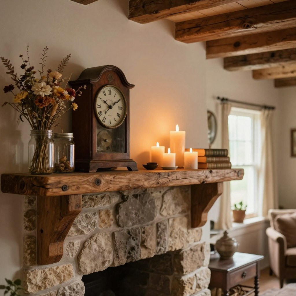 A cozy rustic farmhouse mantle decorated tastefully for a warm living room atmosphere. In the foreground, a weathered wooden mantle holds a collection of vintage items: a large, rustic clock, a pair of mason jars filled with dried flowers, and a few antique books stacked neatly. The middle section features a charming arrangement of assorted candles in varying heights, adding a soft, flickering glow. In the background, a stone fireplace is softly illuminated by warm, natural light filtering through a nearby window, highlighting the wooden beams of the ceiling. The overall mood is inviting and homey, capturing the essence of farmhouse style with an emphasis on earthy tones and textures. A cozy rustic farmhouse mantle decorated tastefully for a warm living room atmosphere. In the foreground, a weathered wooden mantle holds a collection of vintage items: a large, rustic clock, a pair of mason jars filled with dried flowers, and a few antique books stacked neatly. The middle section features a charming arrangement of assorted candles in varying heights, adding a soft, flickering glow. In the background, a stone fireplace is softly illuminated by warm, natural light filtering through a nearby window, highlighting the wooden beams of the ceiling. The overall mood is inviting and homey, capturing the essence of farmhouse style with an emphasis on earthy tones and textures.