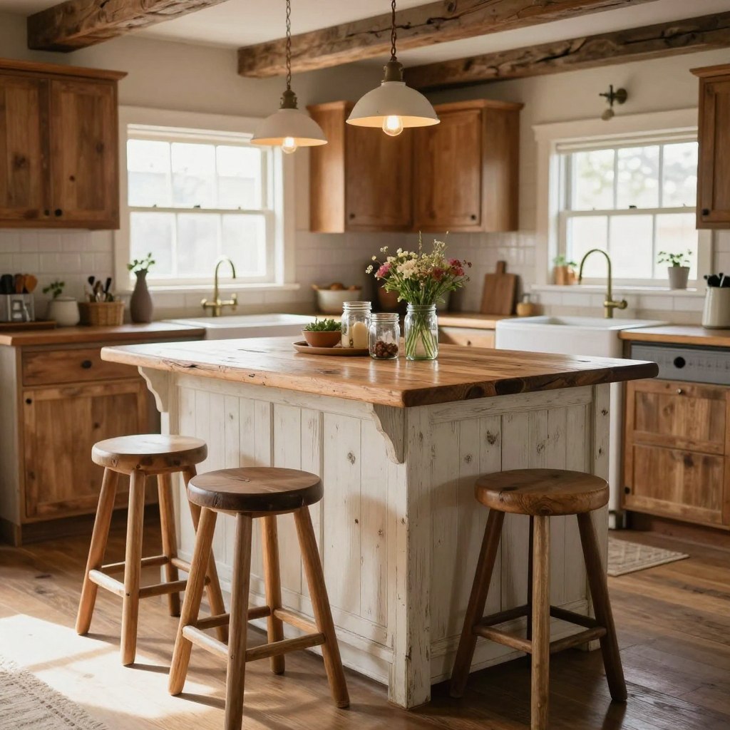 A cozy rustic kitchen featuring a repurposed vintage furniture island as the centerpiece. The island is constructed from reclaimed wood, showcasing its textured grain and knots, with a distressed white-painted finish. Surrounding the island, charming bar stools made from mismatched vintage materials add character. The foreground captures a warm, inviting atmosphere with soft natural light streaming in through a nearby window. In the middle ground, a well-organized countertop displays farmhouse-style kitchenware like mason jars and a small bouquet of wildflowers. The background includes rustic wooden cabinets, exposed beams, and hanging pendant lights with a warm glow, enhancing the homey feel. The overall mood is serene and welcoming, perfect for compact, functional kitchen spaces. A cozy rustic kitchen featuring a repurposed vintage furniture island as the centerpiece. The island is constructed from reclaimed wood, showcasing its textured grain and knots, with a distressed white-painted finish. Surrounding the island, charming bar stools made from mismatched vintage materials add character. The foreground captures a warm, inviting atmosphere with soft natural light streaming in through a nearby window. In the middle ground, a well-organized countertop displays farmhouse-style kitchenware like mason jars and a small bouquet of wildflowers. The background includes rustic wooden cabinets, exposed beams, and hanging pendant lights with a warm glow, enhancing the homey feel. The overall mood is serene and welcoming, perfect for compact, functional kitchen spaces.