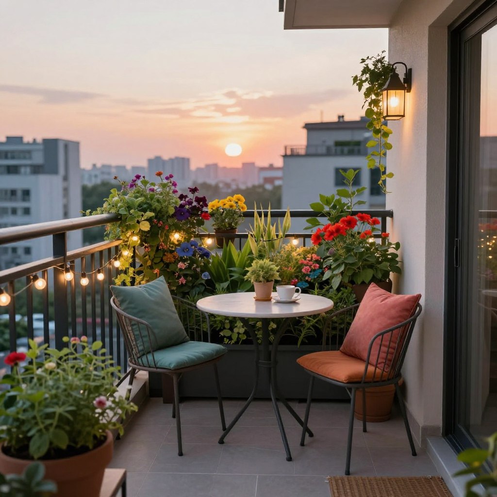 A cozy small balcony designed for relaxation and socializing, featuring a compact bistro table with two stylish chairs, adorned with colorful cushions. In the foreground, a potted herb garden adds a touch of greenery, while fairy lights twinkle gently above. The middle layer showcases a tastefully arranged vertical garden against the balcony railing, filled with vibrant flowers and trailing vines. The background includes a soft sunset cast over the city skyline, creating a warm, inviting atmosphere. The scene is captured from a slightly elevated angle, emphasizing the defined space and harmonious layout. Use soft, natural lighting to enhance the cheerful and tranquil mood, ensuring a chic vibe perfect for an urban apartment.