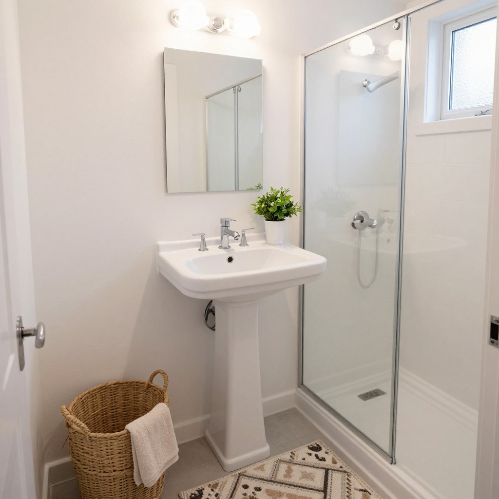 A cozy small bathroom featuring pure white walls that exude a timeless elegance. The foreground showcases textured accessories like a woven towel basket and a patterned bath mat, adding warmth and depth. In the middle, a sleek pedestal sink with a modern faucet reflects soft overhead lighting, creating gentle shadows that enhance the room's dimensionality. A compact mirror with a subtle frame complements the white theme, while a small potted plant adds a touch of greenery. The background reveals a glass shower enclosure, effectively illuminated by natural light filtering through a frosted window. The overall atmosphere is serene and inviting, perfect for a practical yet stylish small space. Capture this scene from a slightly elevated angle to showcase the layout effectively.