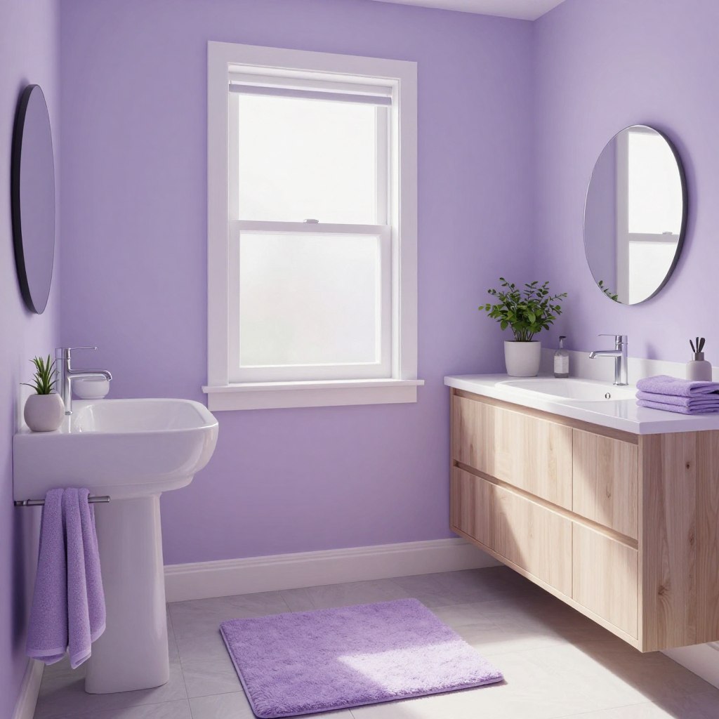 A cozy small bathroom painted in pale, icy lavender, blending soothing pastel shades with a bright, airy feel. The foreground features elegant bathroom fixtures, including a minimalist sink and a stylish mirror reflecting the color. In the middle, soft natural light streams in from a frosted window, enhancing the lavender hue and casting gentle shadows. Delicate decorations, like a plush lavender bath mat and elegant towel sets, add warmth and charm. In the background, light wood cabinetry provides a modern touch, while potted plants bring a hint of greenery. The mood is serene and inviting, ideal for making a small space feel expansive and refreshing, captured at a three-quarter angle for depth. A cozy small bathroom painted in pale, icy lavender, blending soothing pastel shades with a bright, airy feel. The foreground features elegant bathroom fixtures, including a minimalist sink and a stylish mirror reflecting the color. In the middle, soft natural light streams in from a frosted window, enhancing the lavender hue and casting gentle shadows. Delicate decorations, like a plush lavender bath mat and elegant towel sets, add warmth and charm. In the background, light wood cabinetry provides a modern touch, while potted plants bring a hint of greenery. The mood is serene and inviting, ideal for making a small space feel expansive and refreshing, captured at a three-quarter angle for depth.