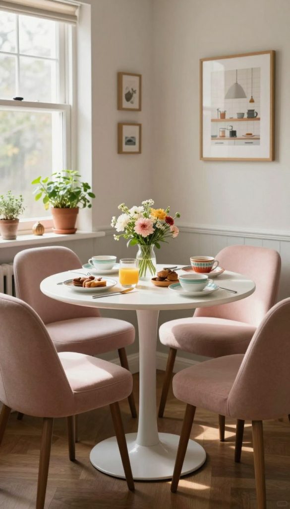 A cozy small kitchen breakfast nook featuring a round pedestal table as the focal point. The table is set with a simple yet elegant breakfast arrangement, including a vase of fresh flowers and colorful dishware. Surrounding the table are plush upholstered chairs in soft pastel colors, creating an inviting atmosphere. The walls are adorned with light, airy colors, highlighting the cozy feel. Natural light floods in from a nearby window, casting soft shadows and creating a warm ambiance. Adding to the charm, potted herbs sit on the windowsill, and tasteful wall decor, like framed kitchen art, enhances the inviting space. The angle focuses on the nook while slightly blurring the background, emphasizing the intimate setting.