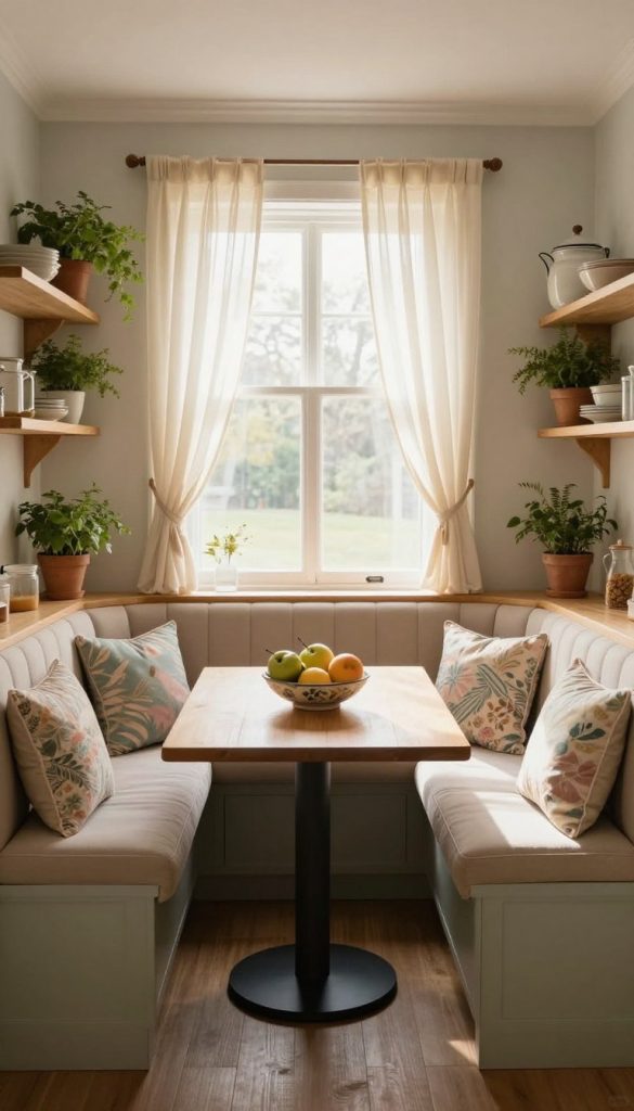 A cozy small kitchen breakfast nook featuring an L-shaped booth-style dining set. The booth has plush, patterned cushions in soft pastel colors, complemented by a light wood table at the center. In the foreground, a decorative fruit bowl sits invitingly on the table. The middle ground showcases the booth, framed by elegant, sheer curtains that allow warm, natural light to filter through. The background includes softly colored kitchen cabinets and open shelves filled with rustic dishware and potted herbs, creating a welcoming atmosphere. The lighting is bright yet soft, evoking a serene morning ambiance. Use a wide-angle lens to capture the intimacy of the nook while emphasizing the homey décor.