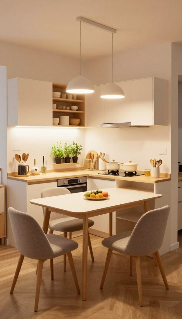 A cozy small kitchen nook designed for maximizing space, featuring an extendable dining table with sleek, minimalist lines. In the foreground, showcase the table in a compact form, surrounded by stylish, plush chairs. The middle layer includes a bright, functional kitchen with modern appliances, open shelves, and a small herb garden on the windowsill. The background highlights soft, warm lighting from pendant lights overhead, creating an inviting atmosphere. Use a wide-angle lens perspective to emphasize the spatial efficiency and cozy ambiance. Incorporate light wood finishes, pastel-colored accents, and decor that reflects a warm, welcoming feel, all while ensuring a clean and organized look.