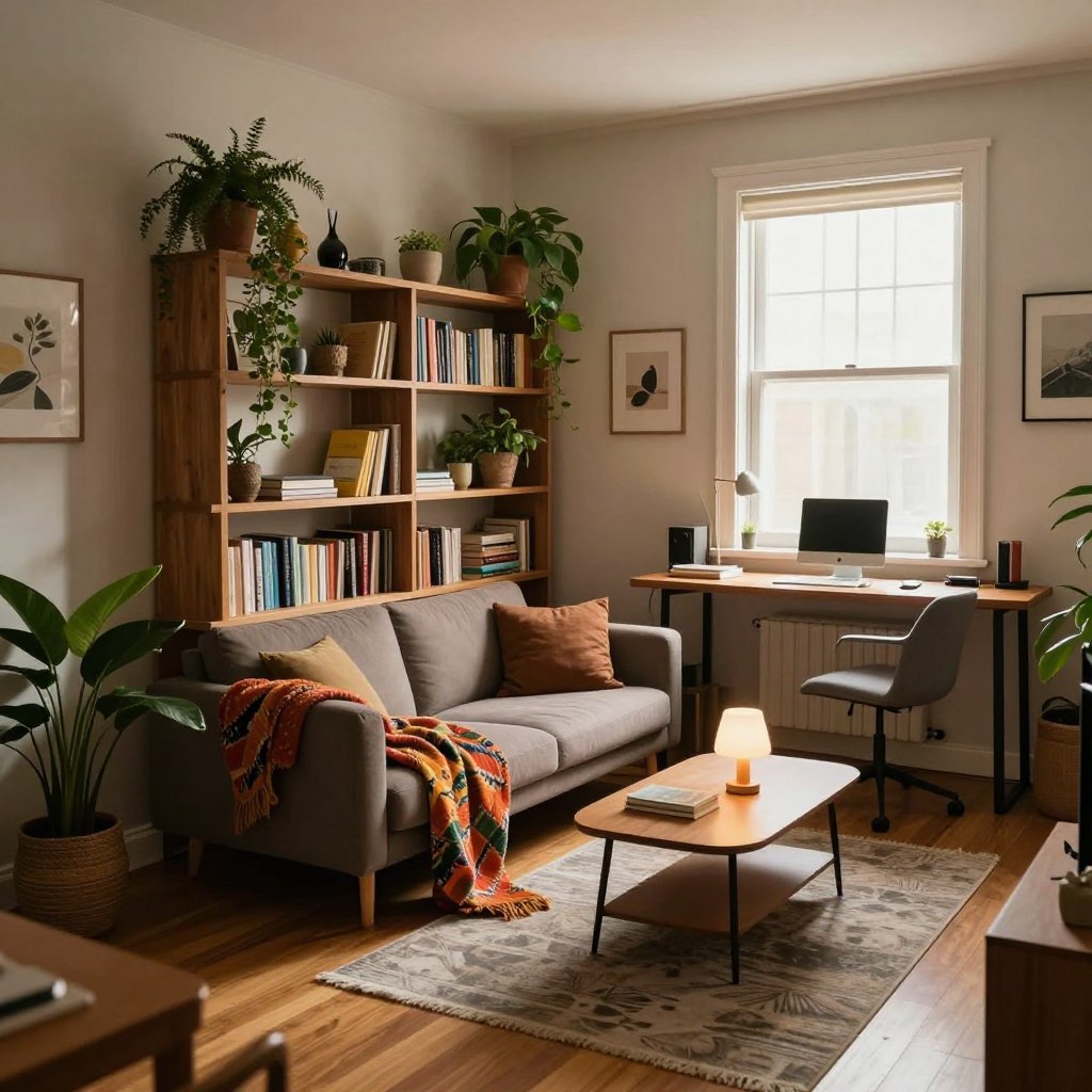 A cozy small living room showcasing innovative corner utilization to maximize space. In the foreground, a stylish corner bookshelf filled with plants and decorative items, creating an inviting atmosphere. In the middle, a compact sofa angled towards a modern coffee table, adorned with a vibrant throw and a small lamp. To the side, a corner workspace with a sleek desk and a comfortable chair, featuring a window with soft natural light streaming in. The background reveals subtle wall art and warm wood tones, enhancing the room's charm. The lighting is soft and ambient, evoking a sense of relaxation and creativity, perfect for illustrating the potential of utilizing empty corners in living spaces.