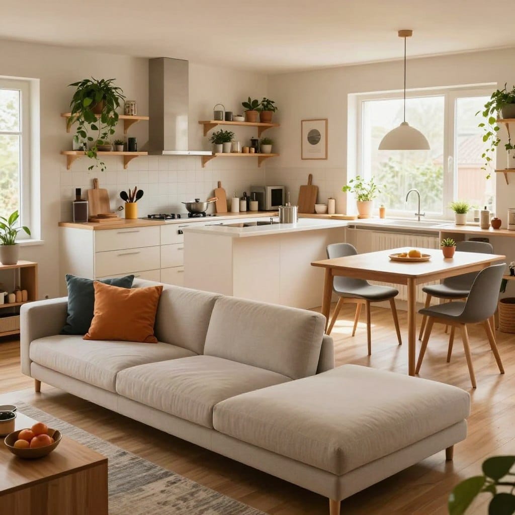 A cozy, small open plan kitchen living room featuring innovative multi-functional furniture. In the foreground, a sleek, convertible sofa in a light fabric that transforms into a bed, adorned with colorful throw pillows. To the right, a compact dining table that doubles as a workspace, surrounded by modern, stackable chairs. The middle section shows a minimalist kitchen with open shelving, green plants, and a stylish island that offers extra storage and seating. The background includes bright, airy windows letting in warm, natural light, emphasizing the space's openness. The overall mood is inviting and practical, showcasing a harmonious blend of style and functionality in a well-designed small space. The angle is slightly elevated to capture both the kitchen and living areas cohesively.
