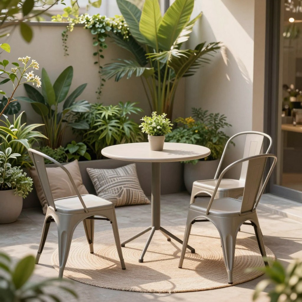 A cozy small space patio featuring minimalist outdoor furniture, including a compact round bistro table with two sleek metal chairs and a small green potted plant on the table. The foreground captures the inviting scene of the chairs facing each other, inviting conversation. In the middle ground, a stylish soft rug lays on the floor, while subtle decorative pillows add a touch of comfort. The background depicts a lush, vertical garden with various plants, enhancing the tranquility of the outdoor space. Soft, warm afternoon sunlight filters through, casting gentle shadows. The scene is photographed from a slightly elevated angle, creating depth and inviting warmth, perfect for small outdoor gatherings. The atmosphere should feel serene and harmonious, ideal for a serene escape in urban living.