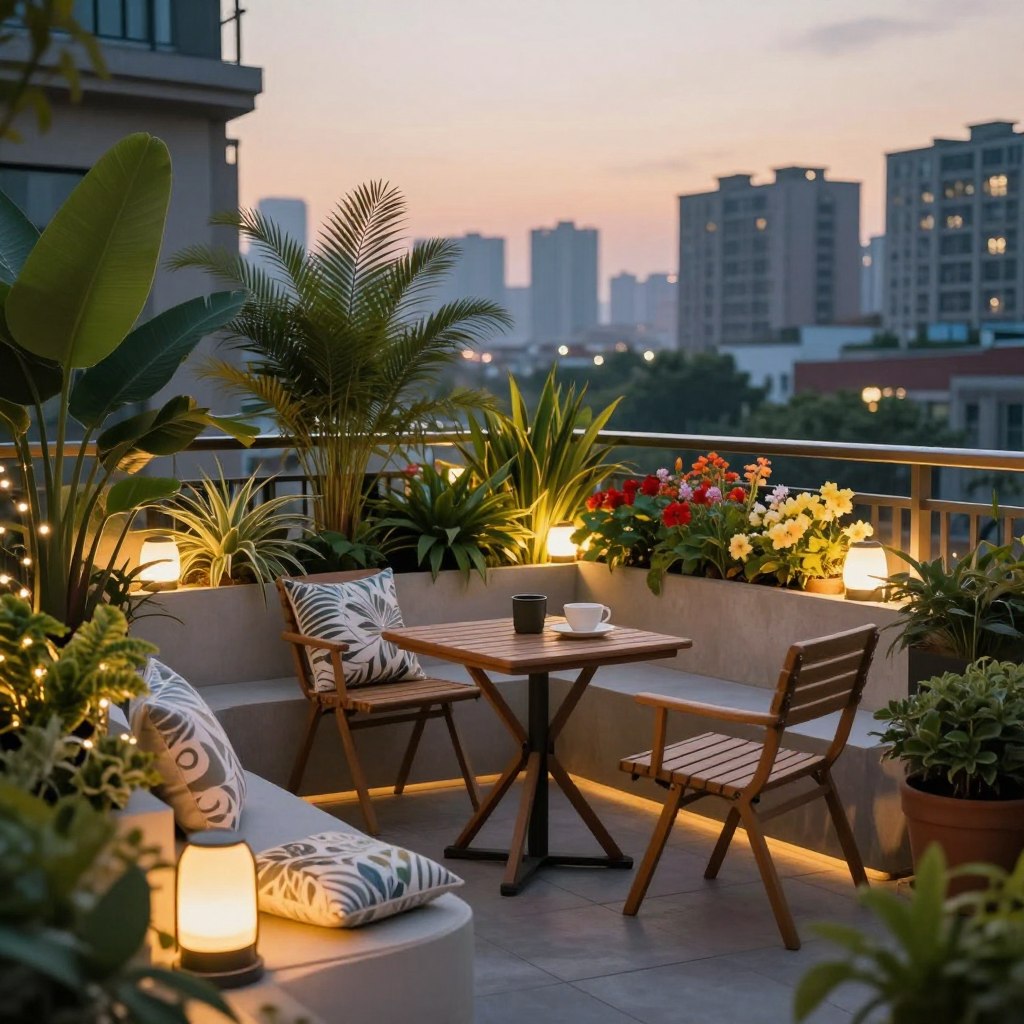 A cozy small terrace design in an urban setting, featuring lush greenery with potted plants and a small wooden table with two chairs set for coffee. The foreground includes stylish outdoor cushions and accent lighting, creating an inviting atmosphere. In the middle ground, a tastefully arranged planter box with colorful flowers adds vibrancy, while fairy lights gently illuminate the area, suggesting a warm evening ambiance. The background showcases a panoramic city skyline at dusk, with soft twilight hues creating a serene backdrop. The composition should evoke a sense of tranquility and relaxation, highlighting the charm of an urban oasis. Use warm, inviting lighting to enhance the overall mood, shot with a slight angle to capture depth and perspective.