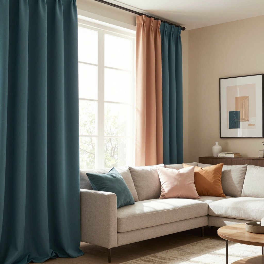 A cozy, softly-lit living room showcasing the latest curtain color trends in American homes. In the foreground, elegantly draped curtains in trendy colors such as deep teal, muted mustard, and soft blush gracefully frame a large window. The middle ground features a stylish sofa with plush throw pillows that complement the curtain colors. The background includes a warm, inviting wall painted in a subtle beige, adorned with tasteful artwork that ties the color palette together. Natural sunlight filters through the curtains, casting gentle shadows that enhance the tranquil atmosphere. The overall mood is modern, chic, and inviting, reflecting comfort and contemporary design trends in home decor.