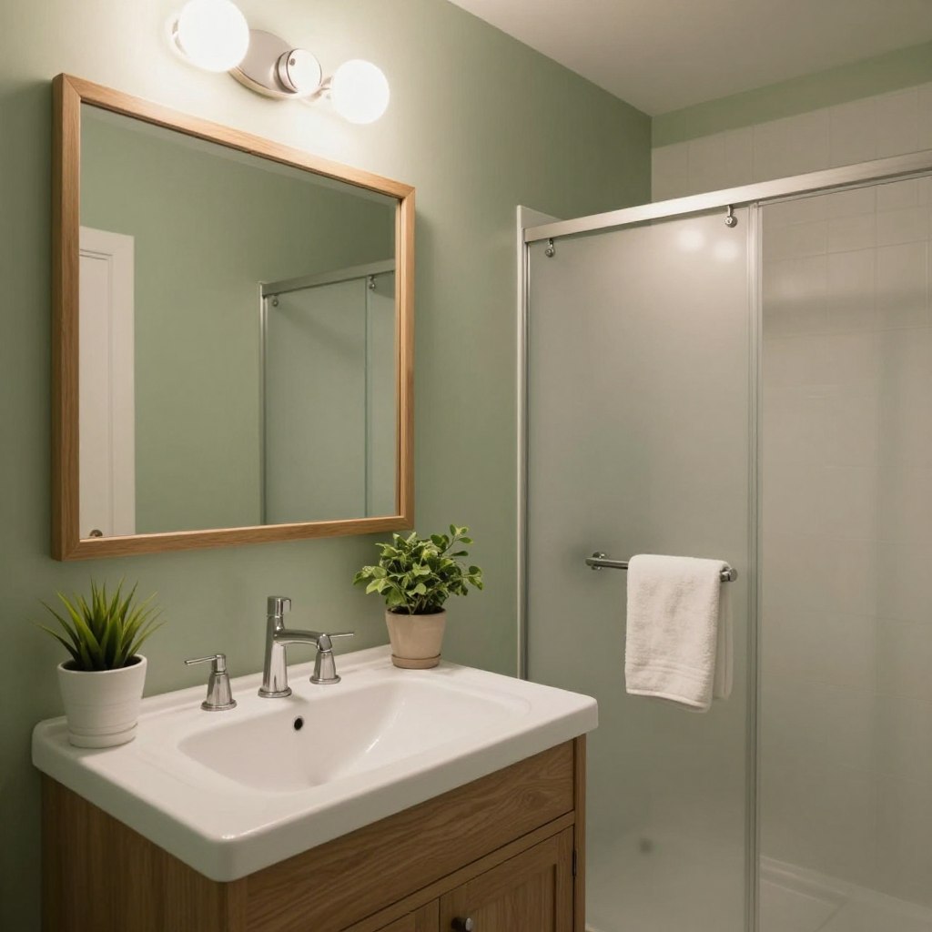 A cozy, softly lit sage green bathroom showcasing a harmonious color palette. In the foreground, there's a modern white sink with elegant fixtures, complemented by muted sage green walls that evoke tranquility. The middle ground features a stylish mirror framed with natural wood, reflecting gentle overhead lighting that casts a warm glow throughout the space. Subtle touches of greenery, such as potted plants, add freshness while maintaining the serene atmosphere. In the background, a sleek shower with frosted glass doors and soft white towels neatly arranged contribute to the inviting aesthetic. The composition is shot from a slightly lower angle to emphasize the expansive feel of the room, capturing the essence of a small bathroom transformed by this soft, muted sage green. A cozy, softly lit sage green bathroom showcasing a harmonious color palette. In the foreground, there's a modern white sink with elegant fixtures, complemented by muted sage green walls that evoke tranquility. The middle ground features a stylish mirror framed with natural wood, reflecting gentle overhead lighting that casts a warm glow throughout the space. Subtle touches of greenery, such as potted plants, add freshness while maintaining the serene atmosphere. In the background, a sleek shower with frosted glass doors and soft white towels neatly arranged contribute to the inviting aesthetic. The composition is shot from a slightly lower angle to emphasize the expansive feel of the room, capturing the essence of a small bathroom transformed by this soft, muted sage green.
