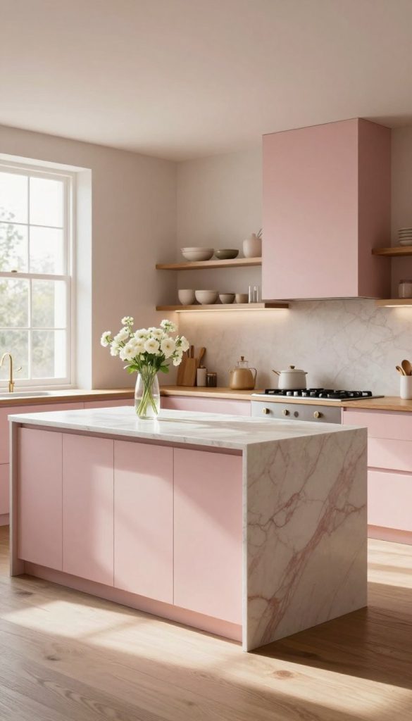 A cozy, sophisticated kitchen featuring a blush pink and warm neutrals color palette. In the foreground, elegant kitchen cabinets showcase a soft blush pink hue, complemented by rich wooden countertops in warm tones. Midway, a sleek marble island with a subtle pink veining serves as the focal point, adorned with a simple vase of fresh white flowers. The background reveals softly lit open shelves displaying minimalistic kitchenware in muted colors. Natural light streams in through large windows, casting a warm, inviting glow throughout the space. The overall atmosphere is airy and serene, evoking a sense of tranquility and modern elegance. Use a wide-angle lens to capture the entire room in a bright, well-lit composition, highlighting the harmonious blend of colors and textures.