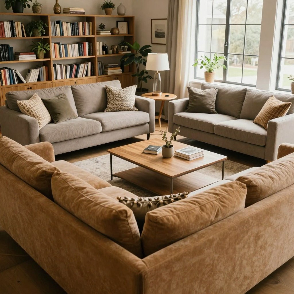 A cozy, stylish living room showcasing various sofa sizes and styles, arranged thoughtfully to emphasize layout mistakes. In the foreground, a large sectional sofa in a warm color sits next to a smaller loveseat and an armchair, illustrating size differences. The middle ground features a coffee table and decorative pillows that enhance the overall aesthetic. In the background, shelves lined with books and plants fill the room, creating an inviting atmosphere. Soft, natural lighting streams through a window, highlighting the textures of the fabrics. A wide-angle perspective captures the whole space, inviting viewers to consider dimensions and layout options. The mood is warm and informative, aiming to educate homeowners on selecting the right sofa size according to their living room layout.