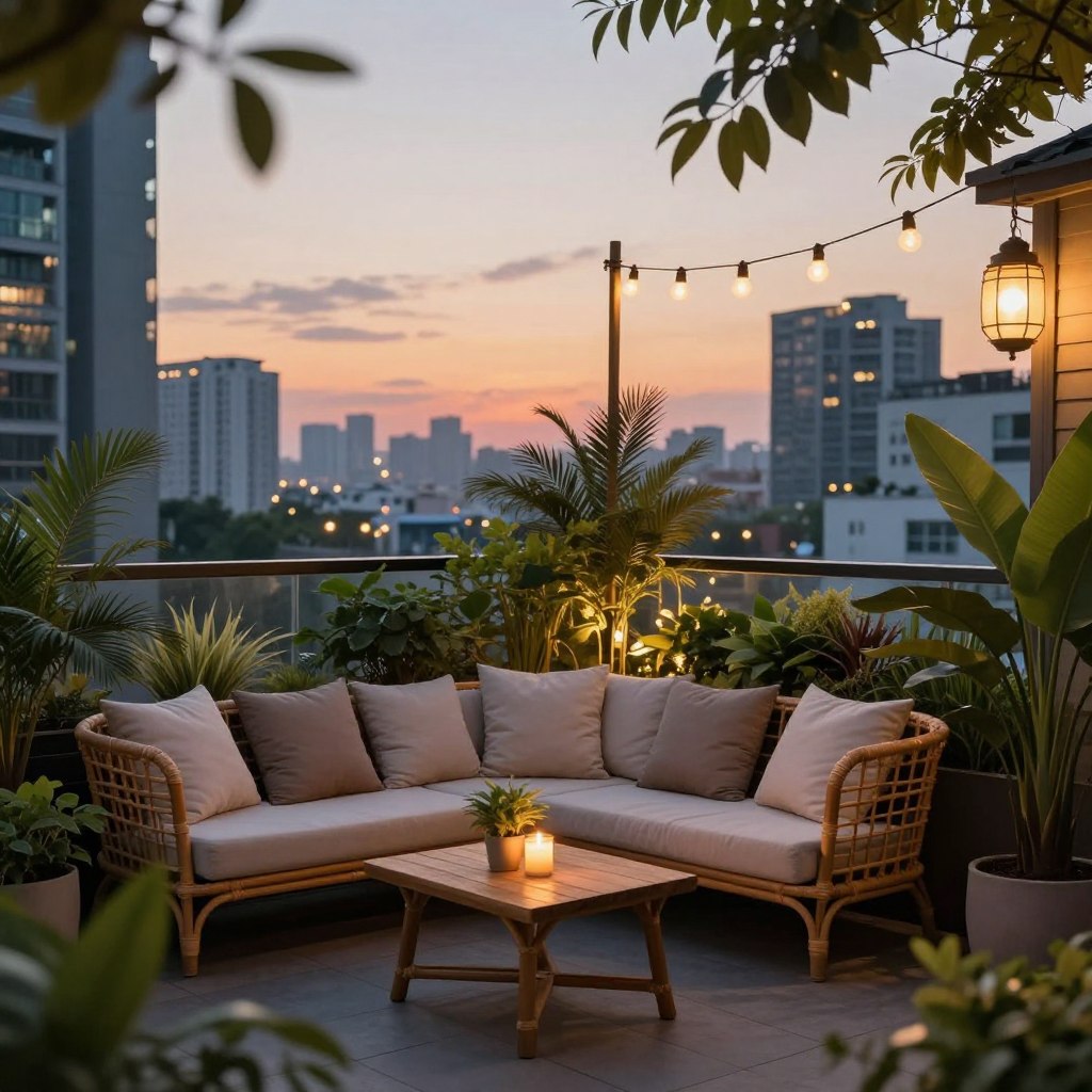 A cozy terrace design for wellness and relaxation in an urban setting. In the foreground, a comfortable seating area with plush cushions on a stylish rattan sofa, accompanied by a small wooden coffee table adorned with candles and a plant. Lush greenery in pots creates a soothing atmosphere around the seating area. In the middle, soft ambient lighting from hanging string lights and lanterns illuminates the space, enhancing the calming vibe. The background features a panoramic city view, with tall buildings and a sunset casting warm hues across the sky. A gentle breeze rustles the leaves, and the scene is captured at a slight angle, showcasing the terrace's inviting layout. The overall mood is serene, ideal for unwinding and enjoying the cityscape.
