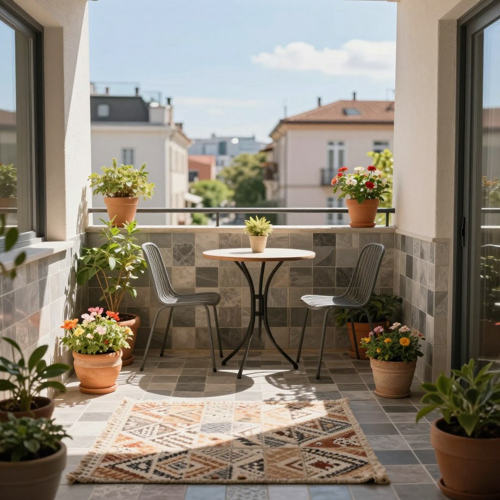 A cozy urban balcony transformed with stylish interlocking tiles in various shades of gray and earthy tones, providing an inviting base layer. In the foreground, a plush outdoor rug with a geometric pattern adds warmth and texture. Potted plants in chic ceramic planters and colorful flowers create a vibrant atmosphere, while a small bistro table with two elegant chairs occupies the center space, enhancing functionality. The background features a soft-focus view of nearby city buildings under a clear blue sky, with warm sunlight casting gentle shadows across the balcony. The scene conveys a serene, stylish vibe, perfect for relaxation and outdoor gatherings, captured with a slight upward angle to emphasize the depth and inviting nature of the space. Natural lighting illuminates the area, creating a bright and airy feel.