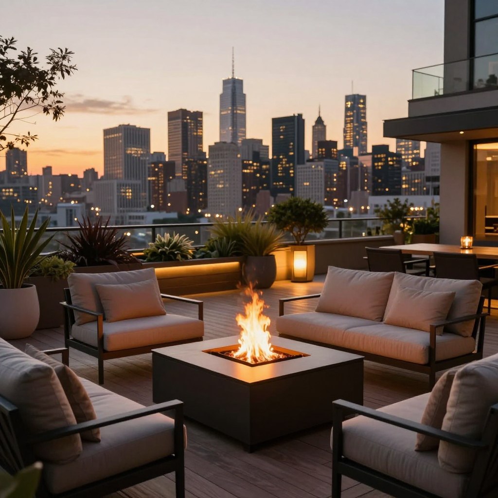 A cozy urban outdoor living space featuring a modern fire pit as the centerpiece. In the foreground, sleek, comfortable lounge chairs with plush cushions surround the fire pit, creating an inviting atmosphere. In the middle ground, a tasteful wooden deck adorned with potted plants and ambient lighting creates a warm inviting space. The background consists of a stunning city skyline at dusk, bathed in golden hues from the setting sun. Gentle flames flicker in the fire feature, casting a soft glow across the scene. Use warm, soft lighting to enhance the cozy mood, and capture the image with a wide-angle lens from a slightly elevated perspective, showcasing both the fire pit area and the panoramic city backdrop. The overall atmosphere should feel intimate and stylish.