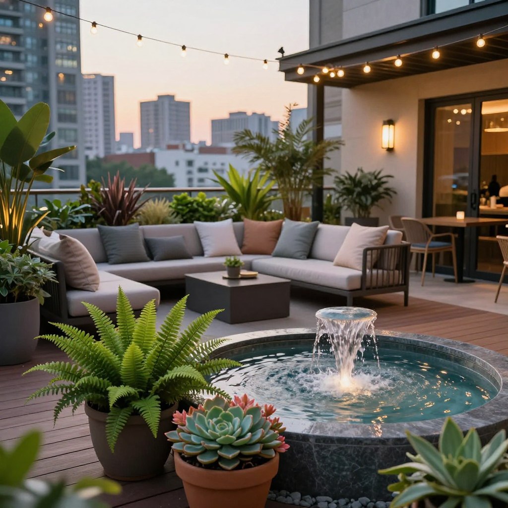 A cozy urban terrace designed as an oasis, featuring a stylish water fountain softly cascading into a tranquil basin. In the foreground, lush potted plants, including ferns and flowering succulents, add vibrant greenery. The middle layer showcases a comfortable seating area with plush cushions on modern outdoor furniture, inviting relaxation. In the background, a city skyline is visible, framed by soft, warm evening light that creates a serene atmosphere. The terrace has wooden decking, and fairy lights strung overhead gently illuminate the scene. The angle captures both the seating area and the water feature, evoking a peaceful escape within an urban setting. The overall mood is tranquil and inviting, perfect for unwinding after a busy day.