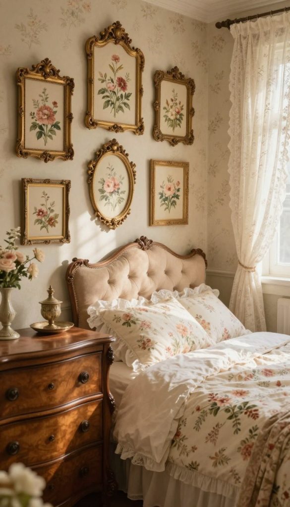 A cozy vintage bedroom adorned with botanical wall art, featuring a collection of ornate, gilded frames showcasing lush floral prints in soft pastels. In the foreground, an antique wooden dresser with intricate carvings complements the artwork. The middle layer reveals a beautifully made bed with delicate, floral-patterned linens and a plush, tufted headboard. Warm, natural light filters in through a vintage lace curtain, casting soft shadows and highlighting the textures of the room. The background features subtle floral wallpaper, enhancing the romantic atmosphere. The image conveys a serene, inviting mood, perfect for a vintage floral aesthetic, captured from a slightly elevated angle to showcase the entire scene harmoniously.