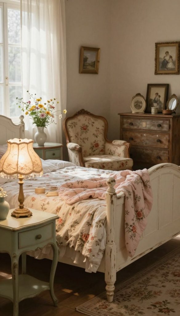 A cozy vintage bedroom adorned with shabby chic furniture, featuring a distressed white wooden bed frame with floral-patterned bedding and a soft, pastel-colored quilt draped over. In the foreground, a charming antique bedside table holds a vintage table lamp with a lace shade and a delicate vase of fresh wildflowers. The middle section showcases a beautifully upholstered armchair with floral fabric, adjacent to a rustic chest of drawers displaying various knick-knacks and framed pictures. The background is painted in warm, muted tones with soft natural light streaming through sheer curtains, casting gentle shadows. The overall atmosphere is inviting and romantic, embodying a whimsical vintage floral aesthetic that feels calm and serene.