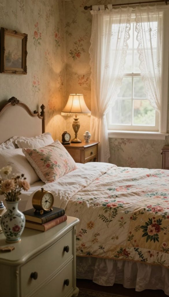 A cozy vintage bedroom scene filled with nostalgic decor, featuring a beautifully made bed layered with floral quilts and soft pastel pillows. In the foreground, an antique dresser is adorned with delicate trinkets, including a small porcelain vase with dried flowers, a vintage clock, and a stack of classic books. The middle ground reveals a charming nightstand topped with an ornate lamp casting warm, soft light, enhancing the inviting atmosphere. In the background, a picturesque window with lace curtains lets in gentle sunlight that illuminates the room, while faded wallpaper with floral patterns completes the vintage aesthetic. The overall mood is serene and romantic, capturing the essence of timeless elegance that invites relaxation and reflection.