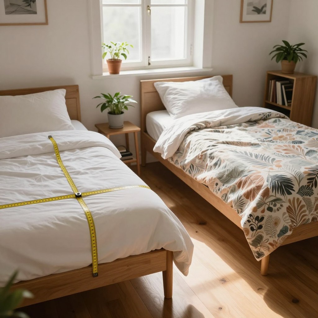 A cozy, well-lit bedroom scene showcasing a twin bed on one side and a full bed on the other, illustrating their dimensions clearly. The twin bed features a simple, minimalist design with crisp white linens, while the full bed is dressed in a stylish, patterned duvet, emphasizing its larger size. In the foreground, a measuring tape stretches across the beds, highlighting the differences in length and width. Soft, natural light filters through a window, casting gentle shadows across the wooden floor, creating an inviting atmosphere. The room is tastefully decorated with potted plants and a small bookshelf in the background, evoking a warm, homey feel. The camera is positioned at an inviting angle, focusing on both beds to effectively demonstrate their size comparison without any people present.