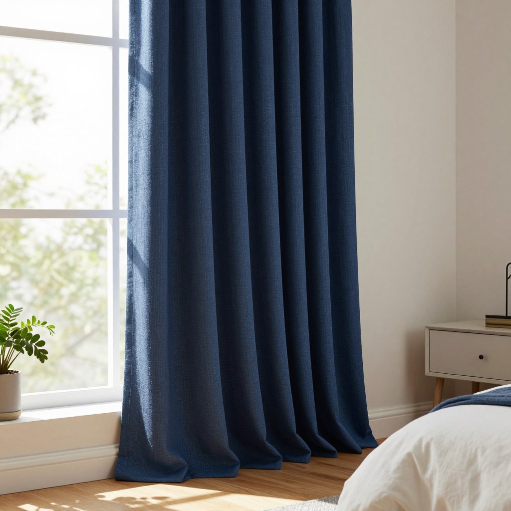 A cozy west-facing bedroom features energy-efficient blackout curtains elegantly draped over a wide window, blocking out the bright afternoon sun. The curtains, made from a thick, textured fabric, are in a rich navy blue color, and their thermal lining is subtly visible. In the foreground, a stylish window sill is adorned with indoor plants, casting playful shadows against the soft, ambient light that softly illuminates the room. The inviting space has warm wooden flooring and gently diffused natural light streaming through the edges of the curtains, creating a tranquil atmosphere. A minimalist nightstand is placed beside the window, enhancing the overall decor. The overall mood is calm and serene, highlighting comfort and energy efficiency in a west-facing bedroom setting.