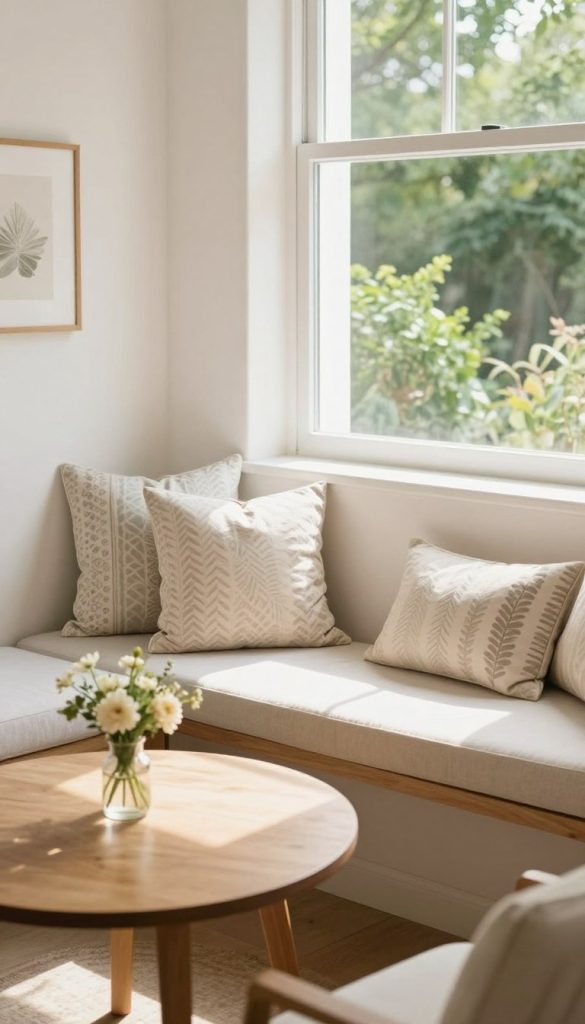 A cozy window-side breakfast nook, featuring a sleek, minimalist bench adorned with soft, patterned cushions, positioned against a large window letting in warm, natural light. In the foreground, a round wooden table holds a small vase of fresh flowers, enhancing the inviting atmosphere. The middle ground showcases the bench with stylish throw pillows, creating a comfortable seating area. In the background, the window reveals a view of lush greenery, harmonizing with the tranquil color palette of soft pastels and whites throughout the space. The lighting is bright and airy, suggesting a sunny morning. Capture this scene from a slightly elevated angle to emphasize the nook's intimate and inviting nature, fostering a sense of warmth and coziness perfect for leisurely breakfasts.
