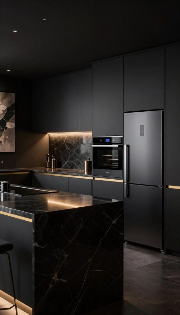 A dark luxury kitchen featuring rich black cabinets with sleek charcoal countertops, illuminated by soft, warm under-cabinet lighting. The foreground showcases an elegant marble island with subtle gold accents, reflecting light and adding a touch of opulence. In the middle, a stylish array of high-end appliances, like a built-in oven and sleek refrigerator, seamlessly blend with the dark aesthetic. The background reveals a textured wall with a dramatic art piece that enhances the ambiance. The space exudes sophistication, with deep shadows and highlights creating a moody atmosphere. Capture this scene from a slightly elevated angle to emphasize depth, with focus on lighting that highlights the luxurious materials without showcasing any people. The overall mood is one of elegance and contemporary allure.
