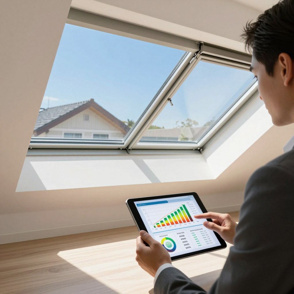 A detailed and engaging illustration showcasing the cost and energy analysis of skylight installations. In the foreground, a professional in business attire analyzes a tablet displaying cost graphs and energy savings charts. The middle section features a bright, sunlit room with skylights—one fixed and one ventilating—beneath a clear blue sky. The fixed skylight is a sleek, modern design, while the ventilating skylight is slightly ajar, allowing a gentle breeze to flow in. The background includes a house with a stylish roofline, accentuated by natural light streaming through the skylights. The atmosphere is informative and upbeat, with soft shadows highlighting the energy efficiency of the designs. Aim for a clear, bright composition, shot with a wide lens to capture the full scene effectively. A detailed and engaging illustration showcasing the cost and energy analysis of skylight installations. In the foreground, a professional in business attire analyzes a tablet displaying cost graphs and energy savings charts. The middle section features a bright, sunlit room with skylights—one fixed and one ventilating—beneath a clear blue sky. The fixed skylight is a sleek, modern design, while the ventilating skylight is slightly ajar, allowing a gentle breeze to flow in. The background includes a house with a stylish roofline, accentuated by natural light streaming through the skylights. The atmosphere is informative and upbeat, with soft shadows highlighting the energy efficiency of the designs. Aim for a clear, bright composition, shot with a wide lens to capture the full scene effectively.