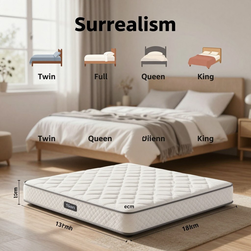 A detailed and informative bed size chart illustration, showcasing various mattress sizes such as Twin, Full, Queen, and King. In the foreground, a clear diagram displays each mattress size with dimensions labeled intuitively. The middle ground features well-organized icons representing each bed-size category, beautifully arranged with soft, muted colors to enhance readability. In the background, a subtle, cozy bedroom scene sets the tone, with elements like a neatly made bed and softly draped curtains, creating a warm and inviting atmosphere. Natural lighting from a window bathes the scene, casting gentle shadows that add depth and dimension. The mood is educational and relaxing, encouraging readers to explore their options for bed size in a harmonious setting.