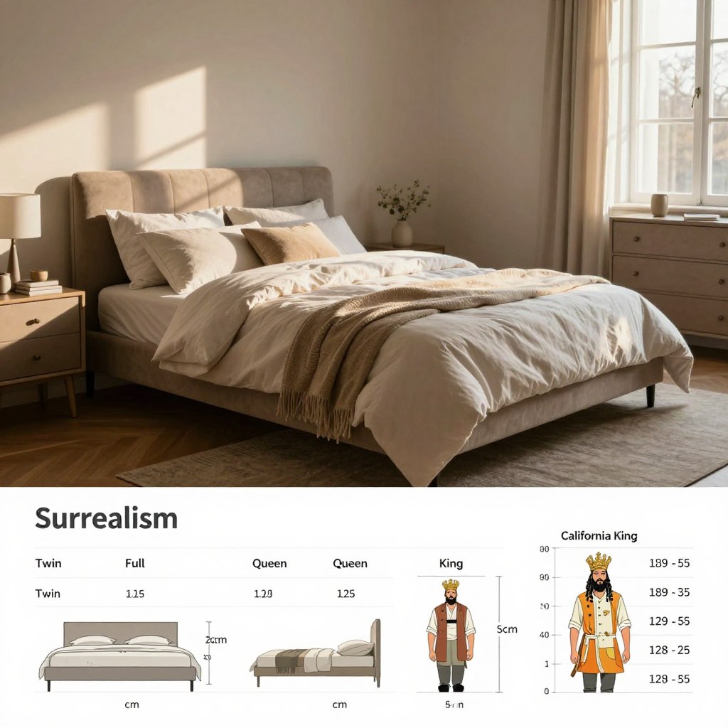 A detailed bed size chart for reference, featuring various bed dimensions like Twin, Full, Queen, King, and California King displayed in an organized manner. The foreground includes a neatly arranged chart with measurements in both inches and centimeters, highlighting bed sizes effectively. In the middle, a soft, elegantly designed bedroom scene with a well-made bed and plush bedding, conveying comfort and style. The background includes subtle silhouettes of bedroom furniture like nightstands and dressers, creating a cozy atmosphere. The lighting is warm and inviting, suggesting morning sunlight filtering through a nearby window, enhancing the sense of home. The overall mood should be serene and informative, encouraging viewers to engage with the visual information on bed sizes.