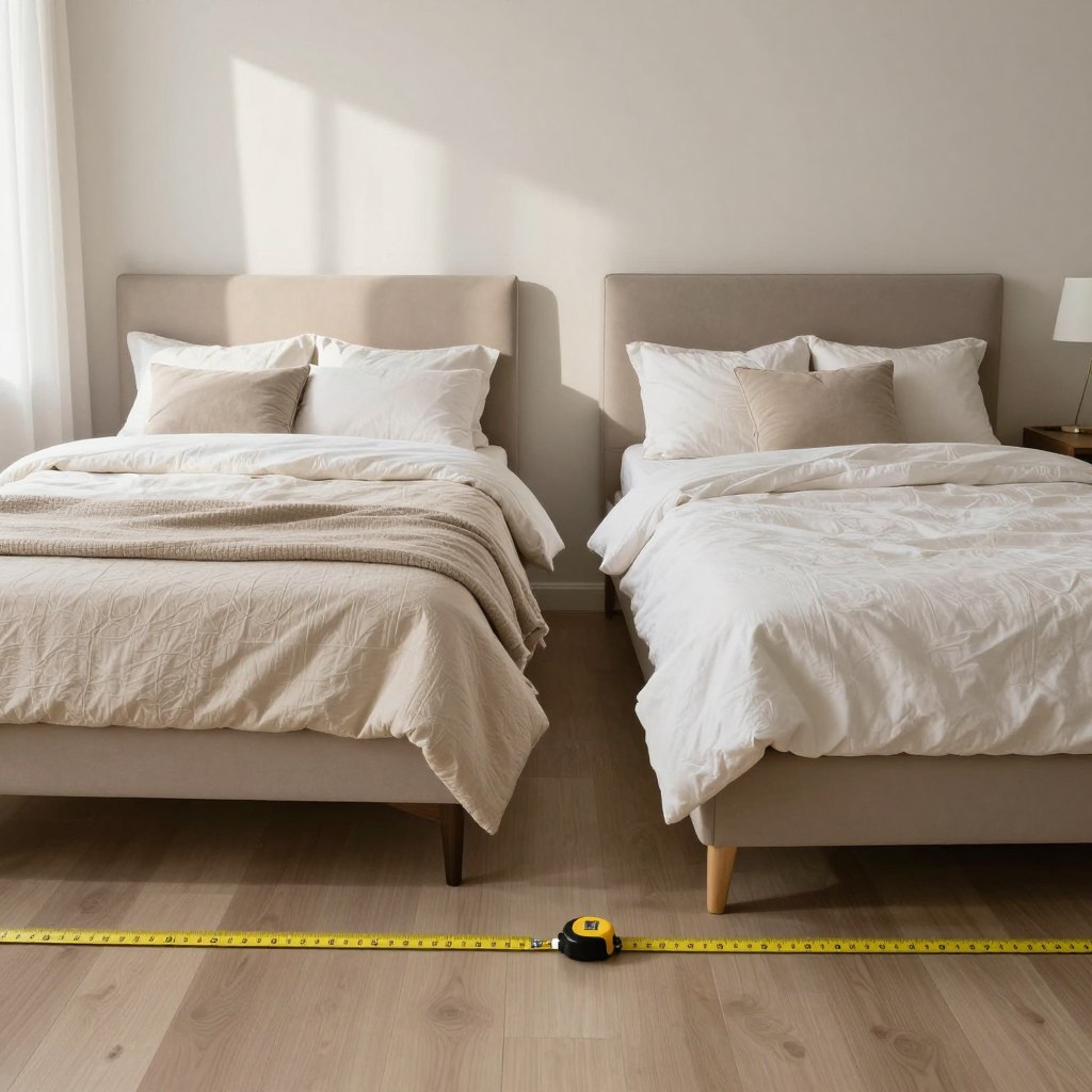 A detailed comparison image showing the dimensions of a king bed and a queen bed side by side in a bright, modern bedroom setting. In the foreground, display a measuring tape laid out next to each bed, clearly highlighting their dimensions. The middle ground features a meticulously designed king bed and a slightly smaller queen bed, both with elegant headboards and made with inviting, textured bedding in neutral tones. In the background, incorporate soft, natural light coming through a window, casting gentle shadows to create a warm atmosphere. Use a wide-angle lens perspective to emphasize the size difference between the two beds, giving viewers a clear visual representation of how each fits within a contemporary bedroom design. The mood should be informative yet inviting, perfect for readers considering their options.